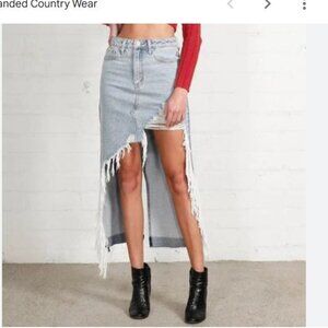 Insane Gene High Rise Distressed Denim Maxi Skirt Sz L Boho Festival Western